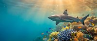Reef shark swimming over vibrant coral reef in crystal clear tropical waters with golden sunlight filtering through ocean surface creating magical underwater scene.