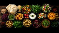 Middle Eastern mezze platter with hummus, fresh vegetables, olives, beans, pita bread and various dips served in traditional clay bowls on dark wooden table. Fresh appetizers.