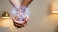 Diverse hands cupping glowing digital brain with neural networks, representing artificial intelligence, teamwork, and innovative technology collaboration.