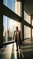 Confident middle-aged Caucasian businessman in tan coat walking through modern office corridor with city skyline view and dramatic sunlight shadows.