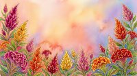 Vibrant watercolor floral border with celosia and marigold blooms in warm pink, orange, and red tones on a soft pastel background.