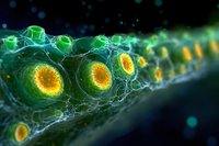 Microscopic view of glowing green and yellow cellular structures connected by intricate network patterns against dark background.