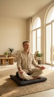 Mature Caucasian man meditating in lotus position on yoga mat in bright modern living room with large arched windows and natural light for wellness and mindfulness.