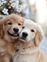 Two adorable Golden Retriever puppies snuggling together and smiling at camera with spring cherry blossoms in soft bokeh background.