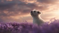 White West Highland Terrier dog sitting in blooming purple lavender field at sunset, dramatic pink and orange sky creates dreamy atmosphere for pet photography.
