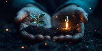 Hands holding soil with growing plant seedling and glowing candle light, magical bokeh effect in dark environment, concept of hope, growth and spirituality.