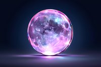 Glowing crystal sphere with pink and blue cosmic nebula inside on dark background, magical orb emitting ethereal light creates mystical atmosphere.