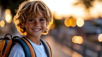 Young student with curly blonde hair wearing backpack smiling outdoors at sunset with warm bokeh lights in background, expressing joy and confidence.
