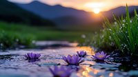 Purple water lilies floating on tranquil pond at golden sunset with mountain silhouettes and lush grass creating serene natural landscape for meditation and wellness.