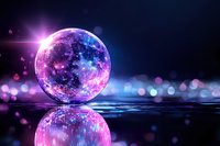 Magical glowing crystal ball with purple and blue cosmic nebula pattern reflecting on dark water surface against blurred bokeh background.
