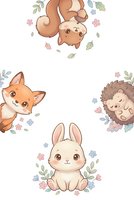 Cute woodland animals frame with squirrel, fox, hedgehog and bunny surrounded by flowers and leaves on white background for nursery decor.