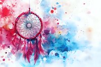 Pink dreamcatcher with feathers on vibrant watercolor background featuring splashes of red and blue colors, spiritual native american symbol for protection and good dreams.