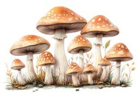 Orange spotted mushrooms growing in grass with delicate stems and brown gills, artistic watercolor style composition on white background, suitable for nature illustration.