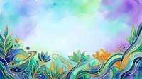 Colorful watercolor background with flowing botanical elements, swirling waves, and decorative foliage in vibrant purple, blue, green, and orange tones. Isolated design element suitable for backgrounds, invitations, and creative projects.