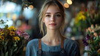 Young blonde Caucasian woman florist in apron standing among colorful flowers in shop with warm bokeh lighting background for small business concept.