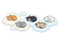 Cute cats sleeping on fluffy clouds in various colors and patterns. Isolated clipart design perfect for nursery decor, children's apparel, stickers, and greeting cards.