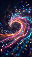 Swirling vortex of glowing neon particles in magenta, cyan, and gold creates dynamic energy flow against dark background. Use for tech, innovation, and digital concepts.