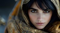 Young Middle Eastern woman with striking green eyes wearing golden hooded cloak. Portrait photography showcasing mysterious beauty and cultural fashion elements.