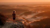 Young child standing on mountain cliff overlooking misty valleys during golden hour sunrise, silhouette against warm orange sky creating peaceful moment.