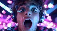 Young man with curly hair and glasses expressing extreme surprise with open mouth, illuminated by vibrant pink and blue neon lights against dark background with bokeh effect.