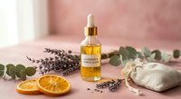 Natural skincare serum bottle with dropper surrounded by lavender, eucalyptus, dried orange slices and linen bag on pink background for spa wellness.