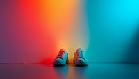White sneakers on reflective surface illuminated by vibrant red and turquoise gradient lighting creating dramatic modern minimal composition with copy space.