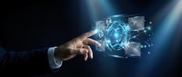 Businessman hand touching glowing digital sphere with data streams and light particles, representing technology innovation, artificial intelligence, and digital transformation in business.