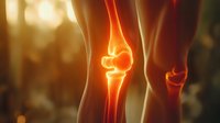 Glowing knee joint anatomy showing inflammation and pain points in human leg bones against dark background with bokeh effect. Medical visualization.