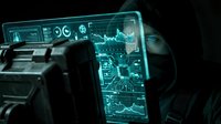 Futuristic holographic display showing digital data visualization with glowing cyan circuit patterns and stock market graphs for technology and innovation concepts.