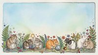 Adorable woodland animals including squirrels, chipmunks and hedgehogs arranged in decorative border with ferns and wildflowers on soft watercolor background.
