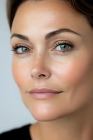 Close up portrait of young Caucasian woman with natural makeup, long eyelashes, and glowing skin looking upward against light background, wearing black top.