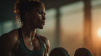 Athletic African American woman in sports bra after intense workout, sweat glistening on skin in warm gym lighting for fitness and wellness content.
