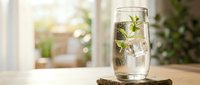 Fresh sparkling water with mint leaves in clear glass on wooden coaster, healthy hydration drink for wellness and refreshment lifestyle.