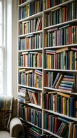 Floor-to-ceiling bookshelf filled with colorful books in cozy home library corner with natural window light and reading chair for literary enthusiasts.