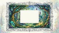 Ornate silver frame with enchanted forest scene featuring magical trees, mystical pathway, and fairy tale landscape for fantasy design projects.