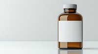 Brown glass medicine bottle with blank white label on light gray background, minimalist pharmaceutical packaging mockup for medical product design.