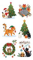 Cute cats and kittens celebrating holidays with decorated trees, gifts, wreaths, and festive ornaments. Isolated clipart elements ready for greeting cards, invitations, and seasonal designs.