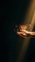 Hands holding glowing lightbulb hologram with geometric shapes on dark background representing innovation, creativity and bright ideas for business solutions.