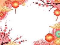 Chinese New Year festive frame with red lanterns, blooming cherry branches and traditional clouds on white background for greeting cards and celebrations.