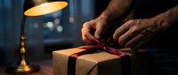 Man wrapping burgundy ribbon around kraft gift box under warm lamp light, festive present preparation for holidays or special occasions.