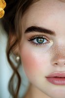 Close-up portrait highlighting natural freckles, bright green eyes, and delicate gold leaf makeup detail. Soft romantic beauty look with rosy cheeks and pink lips.