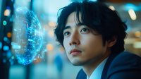 Young Asian businessman analyzing holographic data visualization in modern office environment for technology and innovation concepts.