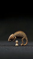 Brown chameleon examining white chess pawn on dark textured surface, dramatic lighting creates mysterious atmosphere for strategic concept visualization.