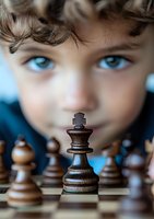 Close-up portrait focusing on wooden chess king piece with blurred young player with bright blue eyes in background, dramatic composition for strategy concepts.