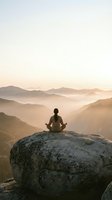 Person meditating on mountain rock at sunrise with misty valley layers below for wellness and mindfulness concepts.