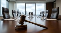 Modern corporate boardroom with wooden gavel on polished conference table, executive leather chairs, city skyline view through floor-to-ceiling windows.