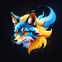 Mystical fox head with vibrant blue and golden fur flowing in ethereal style against dark background, glowing amber eyes and decorative starry elements.