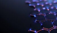 Glowing molecular structure with hexagonal pattern in blue and purple neon lights against dark background, representing scientific research and nanotechnology.