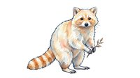 Cute raccoon with striped tail holding small branch, isolated on white background, suitable for children's books, educational materials, wildlife clipart, and design projects.