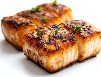 Grilled sea scallops with caramelized crust garnished with fresh herbs on white background, close up view showing seared texture and golden-brown surface.